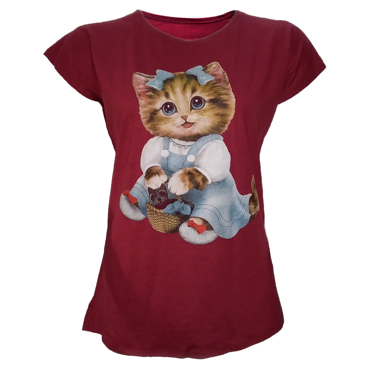 تیشرت زنانه طرح گربه کد tm-511 رنگ زرشکی