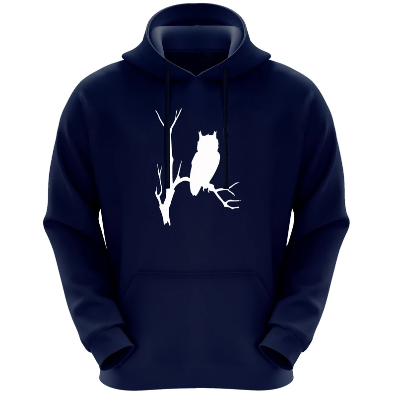 هودی مردانه طرح جغد روی شاخه کد k43 رنگ سرمه ای