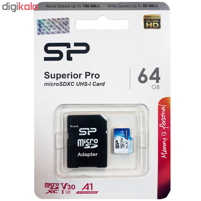 کارت حافظه microSDXC سیلیکون پاور مدل Superior Pro کلاس 10 استاندارد UHS-I U3 سرعت 100MBps ظرفیت 64 گیگابایت به همراه آداپتور SD