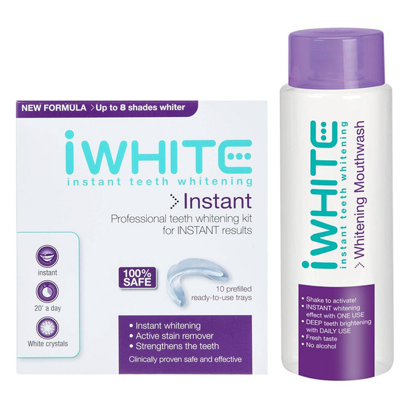 سفید کننده دندان آی وایت مدل Instant بسته 10 عددی به همراه دهانشویه آی وایت مدل Instant حجم 100 میلی لیتر