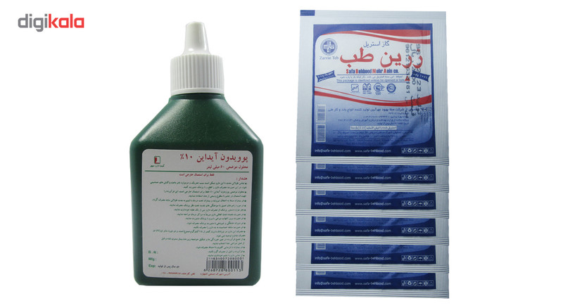 پک ضد عفونی کننده بتادین 60 میلی لیتر به همراه 6 عدد گاز استریل آریان طب حجم 250 گرمی