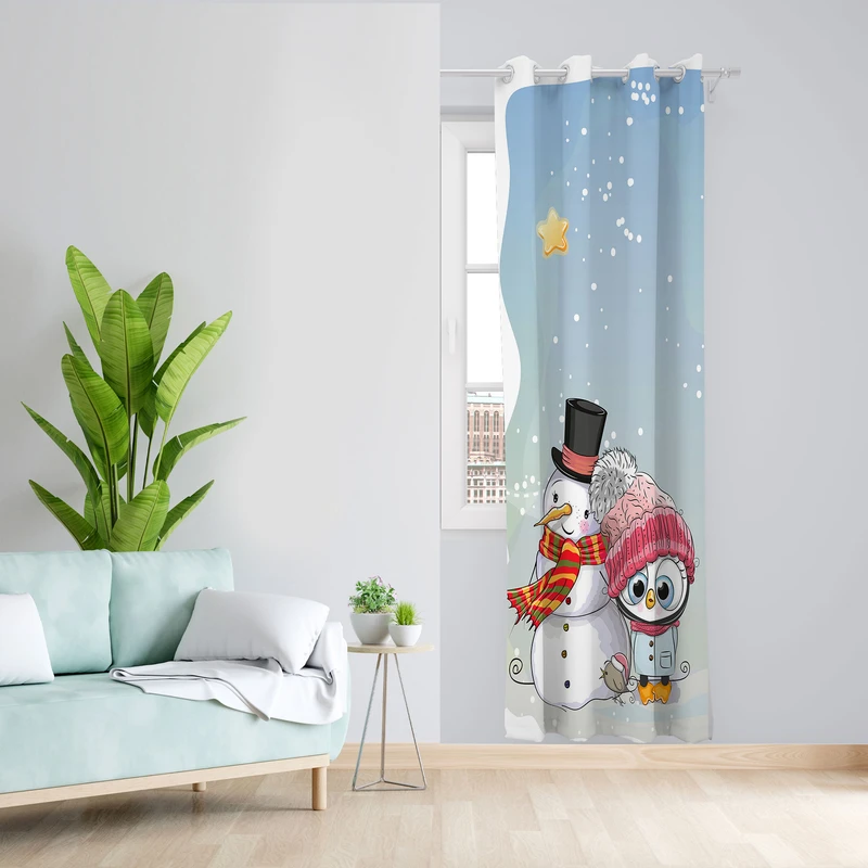 پرده مدل اتاق کودک مخمل پانچی طرح آدم برفی کد 4645 سایز 140x280 سانتی متر