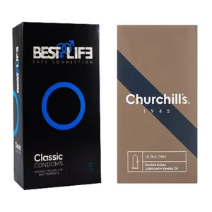 کاندوم چرچیلز مدل Ultra Thin Double Delay بسته 12 عددی به همراه کاندوم بست لایف مدل Classic بسته 12 عددی
