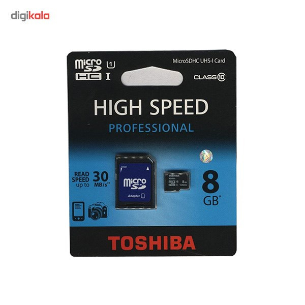 کارت حافظه microSDHC توشیبا مدل High Speed Professional کلاس 10 استاندارد UHS-I U1 سرعت 30MBps همراه با آداپتور SD ظرفیت 8 گیگابایت