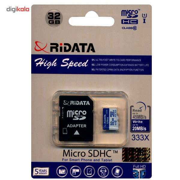 کارت حافظه microSDHC ری دیتا مدل High Speed کلاس 10استاندارد UHS-I U1 سرعت 45MBps 333X همراه با آداپتور SD ظرفیت 32 گیگابایت کارت حافظه microSDHC ری دیتا مدل High Speed کلاس 10استاندارد UHS-I U1 سرعت 45MBps 333X همراه با آداپتور SD ظرفیت 32 گیگابایت