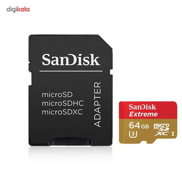کارت حافظه microSDXC سن دیسک مدل Extreme کلاس 10 استاندارد UHS-I U3 سرعت همراه با آداپتور SD ظرفیت 64 گیگابایت کارت حافظه microSDXC سن دیسک مدل Extreme کلاس 10 استاندارد UHS-I U3 سرعت همراه با آداپتور SD ظرفیت 64 گیگابایت