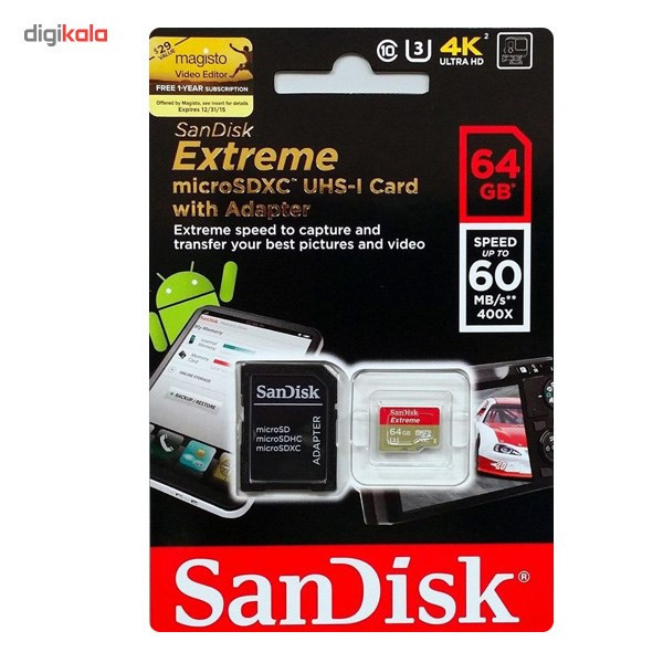 کارت حافظه microSDXC سن دیسک مدل Extreme کلاس 10 استاندارد UHS-I U3 سرعت همراه با آداپتور SD ظرفیت 64 گیگابایت