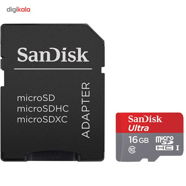 کارت حافظه microSDHC سن دیسک مدل Ultra کلاس 10 استاندارد UHS-I U1 سرعت 80MBps همراه با آداپتور SD ظرفیت 16 گیگابایت