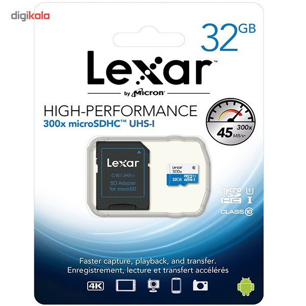 کارت حافظه‌ microSDHC لکسار مدل High-Performance کلاس 10 استاندارد UHS-I U1 سرعت 45MBps 300X همراه با آداپتور SD ظرفیت 32 گیگابایت
