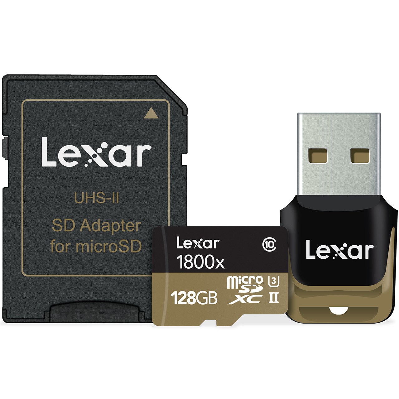 کارت حافظه microSDXC لکسار مدل Professional کلاس 10 استاندارد UHS-II U3 سرعت 1800X همراه با ریدر USB 3.0 و آداپتور - ظرفیت 128 گیگابایت