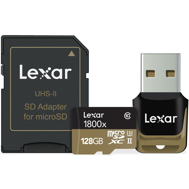 تصویر کارت حافظه microSDXC لکسار مدل Professional کلاس 10 استاندارد UHS-II U3 سرعت 1800X همراه با ریدر USB 3.0 و آداپتور – ظرفیت 128 گیگابایت
