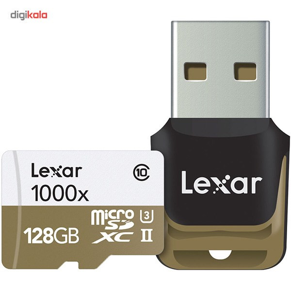 کارت حافظه microSDXC لکسار مدل Professional کلاس 10 استاندارد UHS-II U3 سرعت 1800X همراه با ریدر USB 3.0 و آداپتور - ظرفیت 128 گیگابایت