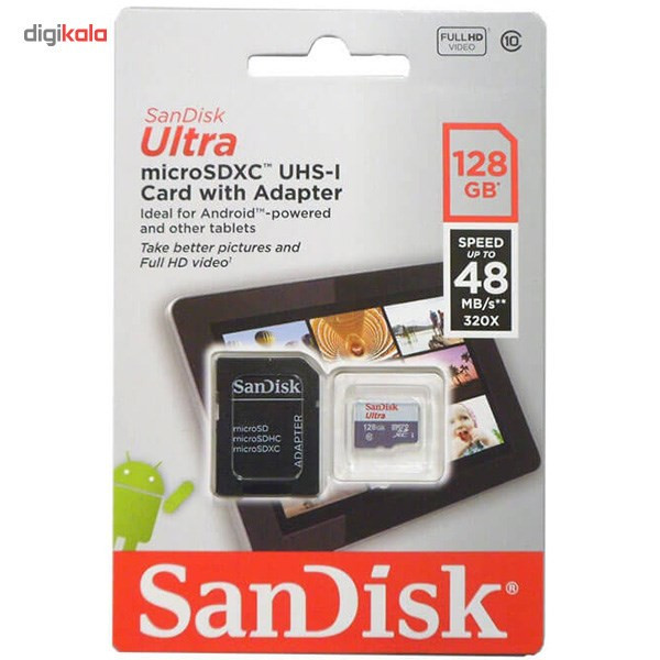 کارت حافظه microSDXC سن دیسک مدل Ultra کلاس 10 استاندارد UHS-I U1 سرعت 48MBps 320X همراه با آداپتور SD ظرفیت 128 گیگابایت