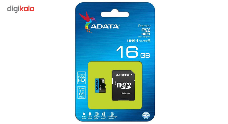 کارت حافظه‌ microSDHC ای دیتا مدل Premier کلاس 10 استاندارد UHS-I U1 سرعت 85MBps همراه با آداپتور SD ظرفیت 16 گیگابایت