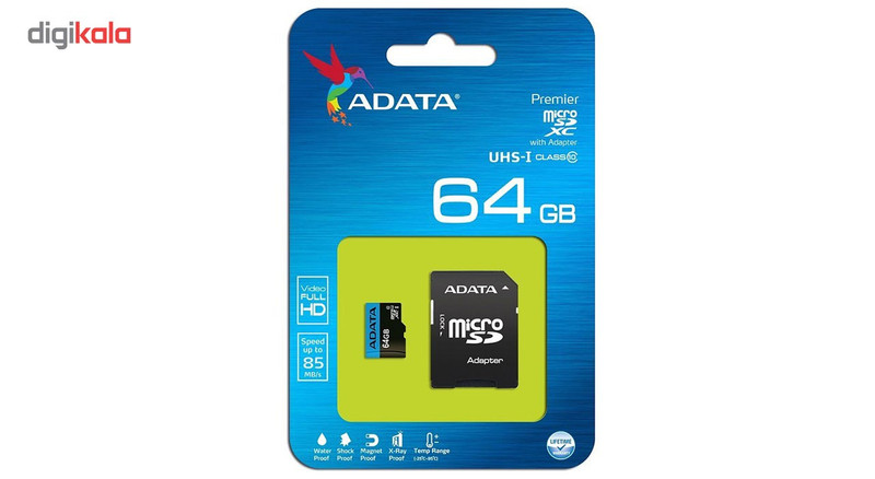 کارت حافظه‌ microSDXC ای دیتا مدل Premier کلاس 10 استاندارد UHS-I U1 سرعت 85MBps همراه با آداپتور SD ظرفیت 64 گیگابایت