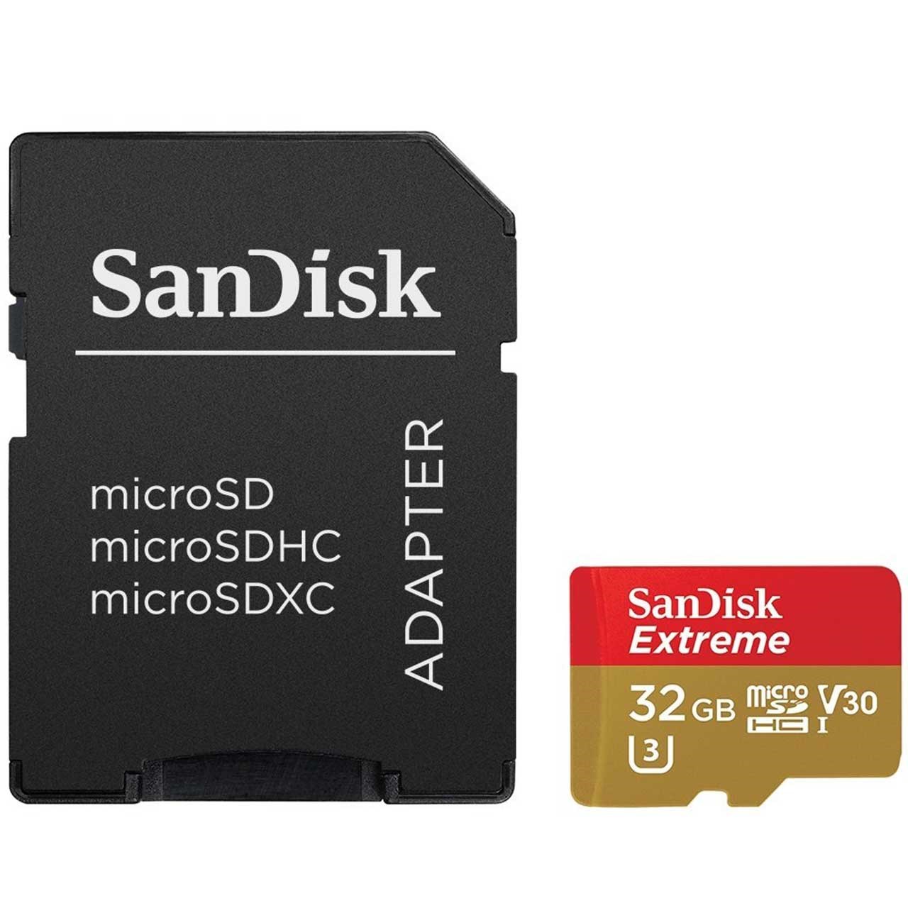 کارت حافظه microSDHC سن دیسک مدل Extreme V30 کلاس 10 استاندارد UHS-I U3 سرعت 90MBps همراه با آداپتور SD ظرفیت 32 گیگابایت