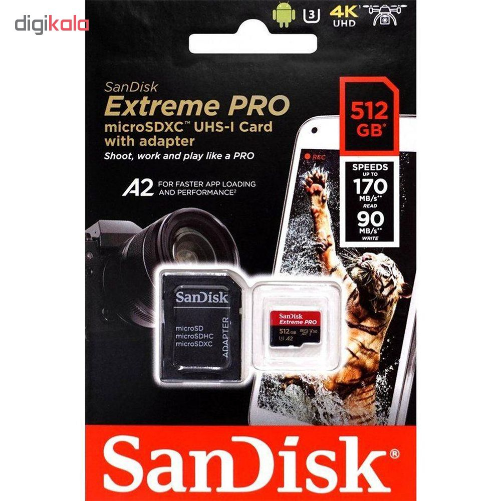کارت حافظه microSDXC سن دیسک مدل Extreme PRO کلاس A2 استاندارد UHS-I U3 سرعت 170MBs ظرفیت 512 گیگابایت به همراه آداپتور SD کارت حافظه microSDXC سن دیسک مدل Extreme PRO کلاس A2 استاندارد UHS-I U3 سرعت 170MBs ظرفیت 512 گیگابایت به همراه آداپتور SD