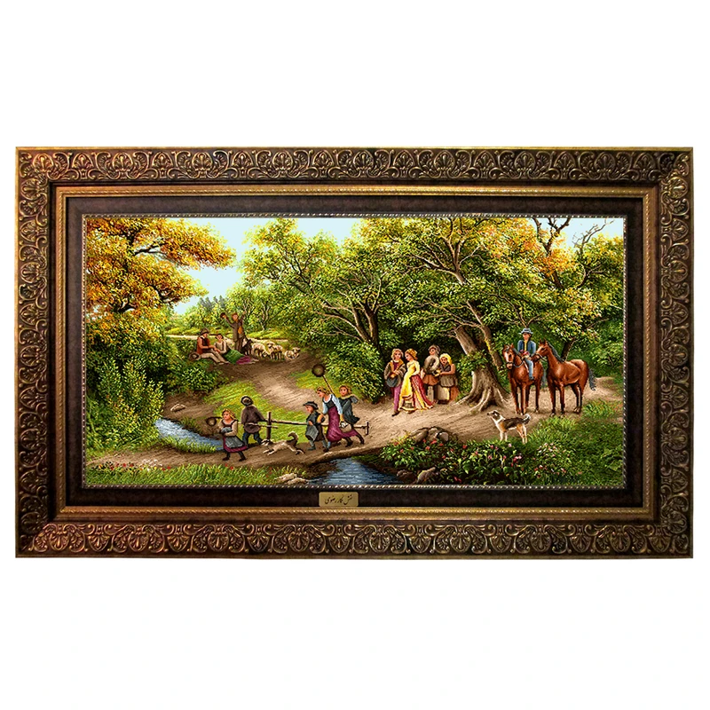 تابلو فرش ماشینی نقش نگار رضوی طرح منظره روستایی کد 741CB