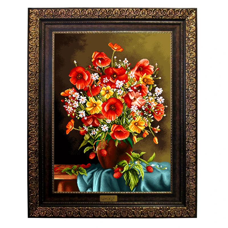 تابلو فرش ماشینی نقش نگار رضوی طرح گل کد 438P