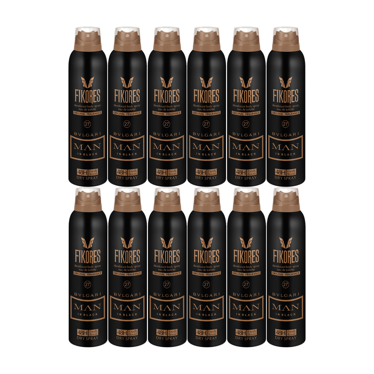 اسپری خوشبوکننده بدن مردانه فیکورس مدل BVLGARI حجم 200 میلی لیتر مجموعه 12 عددی