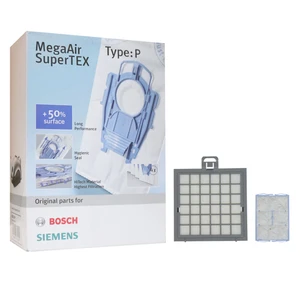 کیسه جاروبرقی مگا ایر مدل 101014p بسته 4 عددی به همراه فیلتر هپا و هوا مناسب برای جاروبرقی های سری p بوش و زیمنس