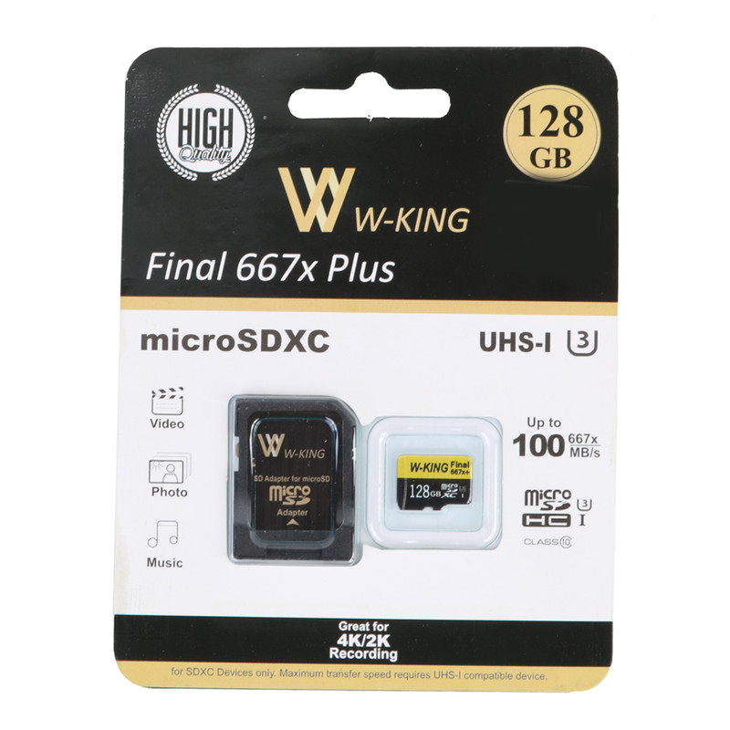 کارت حافظه microSDXC دبلیو کینگ مدل Final 667xplus کلاس 10 استاندارد UHS-I U3 سرعت 100MBs ظرفیت 128 گیگابایت به همراه آداپتور SD