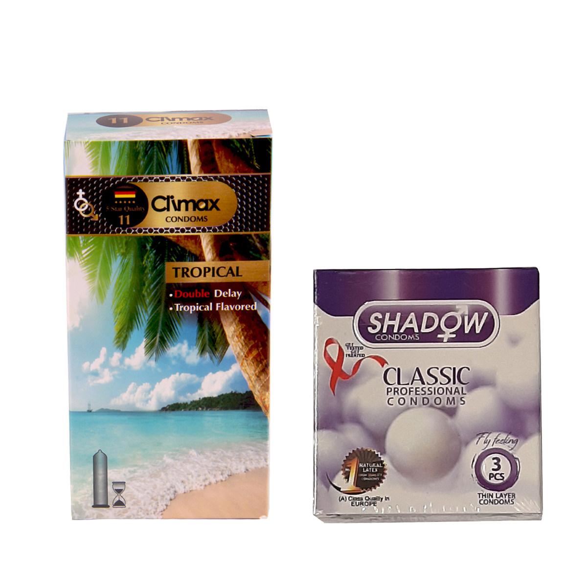 کاندومئ کلایمکس مدل Tropicalبسته 12 عددی به همراه کاندوم شادو مدل classic بسته 3 عددی