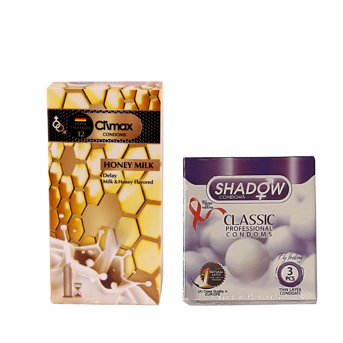 کاندوم کلایمکس مدل honey milk بسته 12 عددی به همراه کاندوم شادو مدل classic بسته 3 عددی 