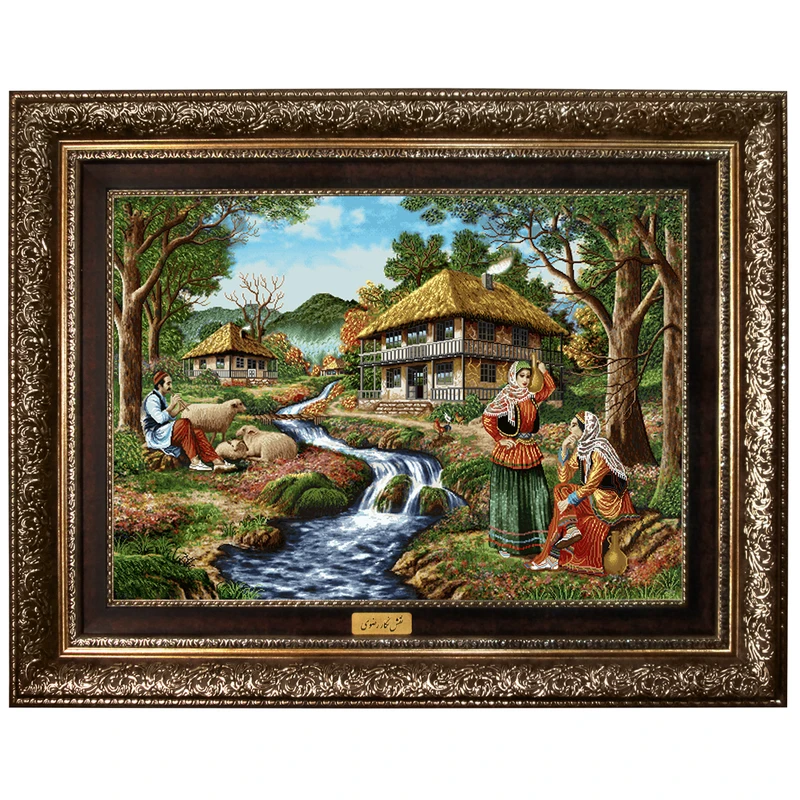 تابلو فرش ماشینی نقش نگار رضوی طرح کلبه روستایی کد 1188A