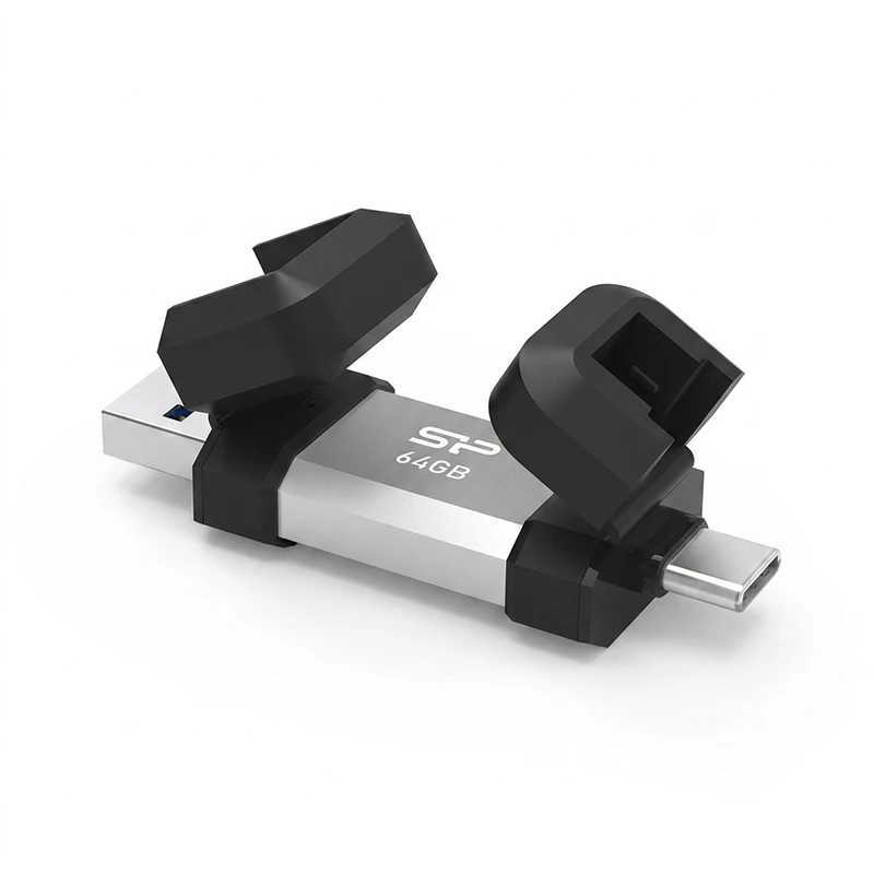 فلش مموری OTG سیلیکون پاور مدل C51 ظرفیت 64 گیگابایت با رابط USB 3.2 Type-A و Type-C، مقاوم در برابر شوک و لرزش، سازگار با اندروید، iOS، ویندوز، مک و لینوکس