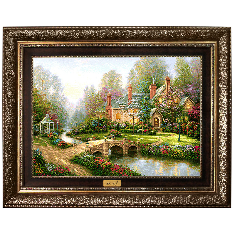 تابلو فرش ماشینی نقش نگار رضوی طرح خانه روستایی کد 1609A