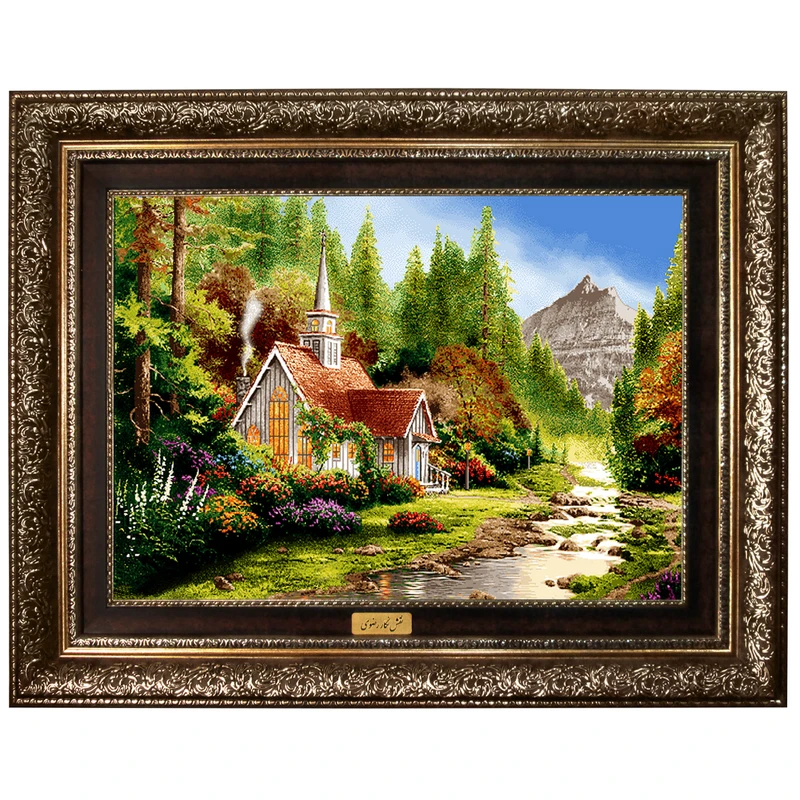 تابلو فرش ماشینی نقش نگار رضوی طرح خانه روستایی کد 1820A