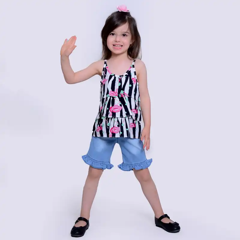 ست تاپ و شلوارک دخترانه مدلا مدل فلامینگو کد MAS8506