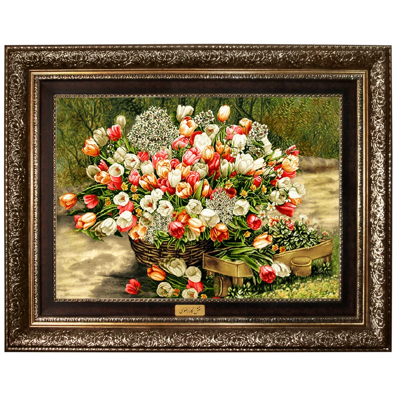 تابلو فرش ماشینی نقش نگار رضوی طرح گل کد 2414A