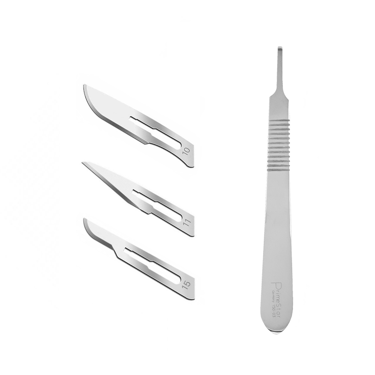 دسته تیغ جراحی پرایم استار مدل MM69 شماره 3 به همراه تیغ استریل ترینون کد SKJQ002369 بسته 4 عددی