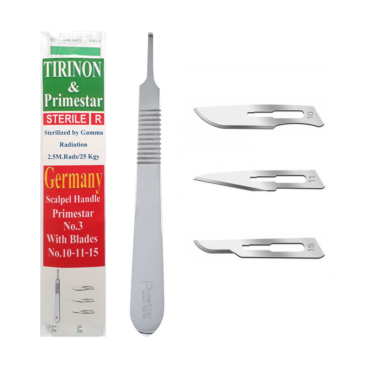 دسته تیغ جراحی پرایم استار مدل MM69 شماره 3 به همراه تیغ استریل ترینون کد SKJQ002369 بسته 4 عددی