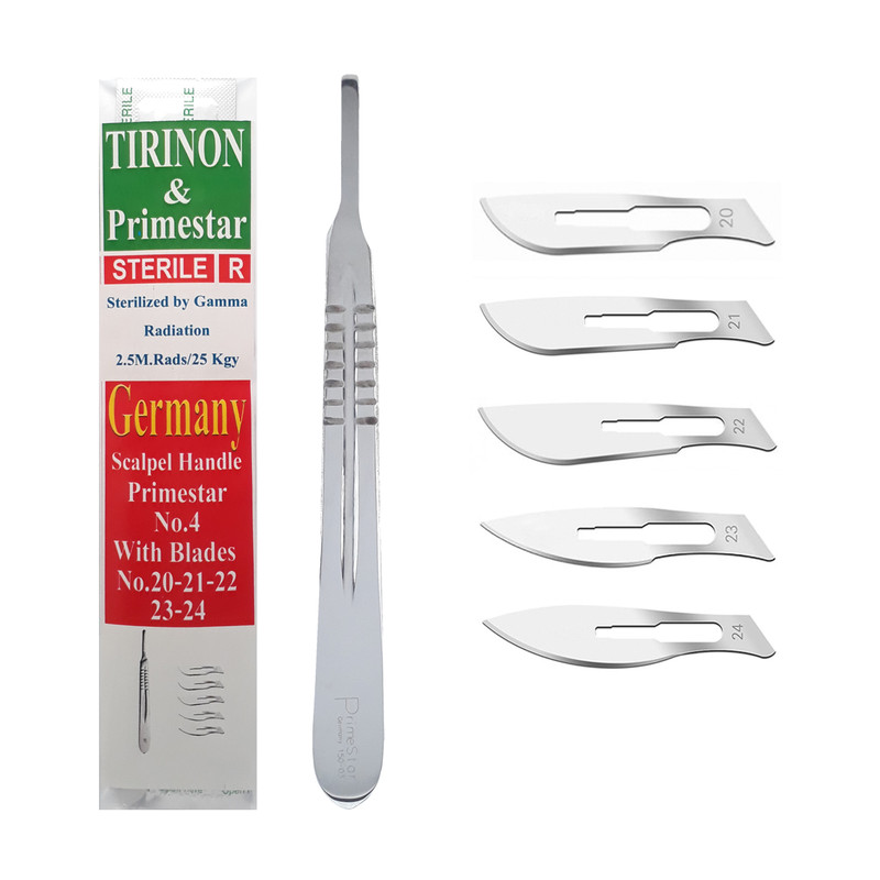 دسته تیغ جراحی پرایم استار مدل MM64 شماره 4 به همراه تیغ استریل ترینون کد SKJQ002369 بسته 5 عددی