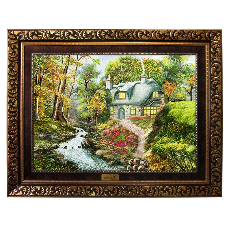 تابلو فرش ماشینی نقش نگار رضوی طرح خانه روستایی کد 556W