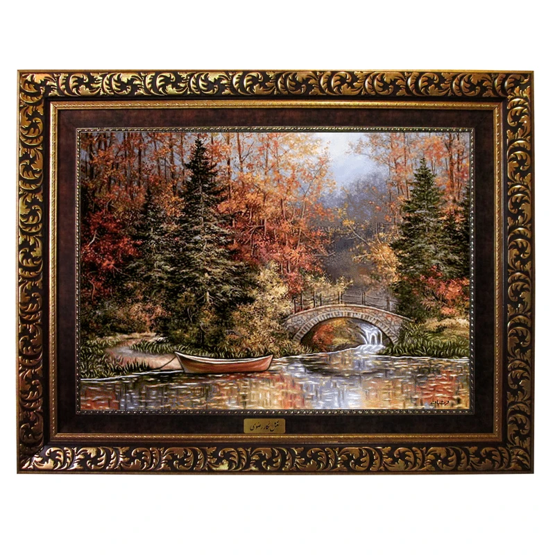 تابلو فرش ماشینی نقش نگار رضوی طرح منظره روستایی کد 597W