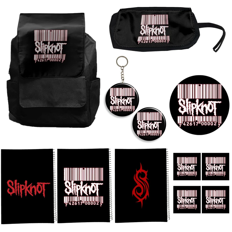 کوله پشتی طرح slipknot کد A1 به همراه دفتر مشق و جامدادی و زیر لیوانی و جاکلیدی مجموعه 12 عددی