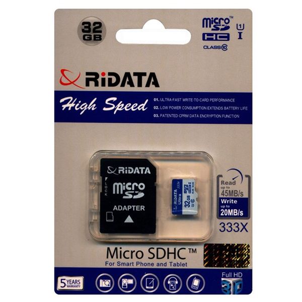 کارت حافظه microSDHC ری دیتا مدل High Speed کلاس 10استاندارد UHS-I U1 سرعت 45MBps 333X همراه با آداپتور SD ظرفیت 32 گیگابایت