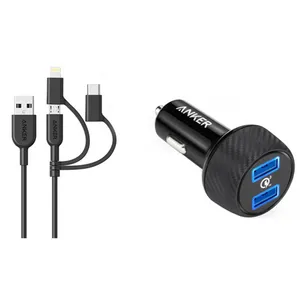 شارژر فندکی انکر مدل A2228 PowerDrive Speed 2 Ports With Quick Charge 3.0 به همراه کابل تبدیل USB به لایتنینگ/USB-C/microUSB
