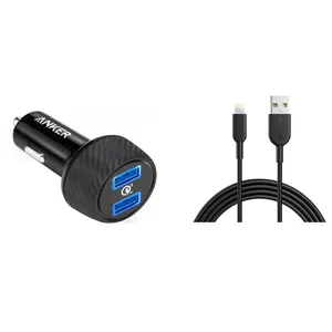شارژر فندکی انکر مدل A2228 PowerDrive Speed 2 Ports With Quick Charge 3.0 به همراه کابل تبدیل لایتنینگ
