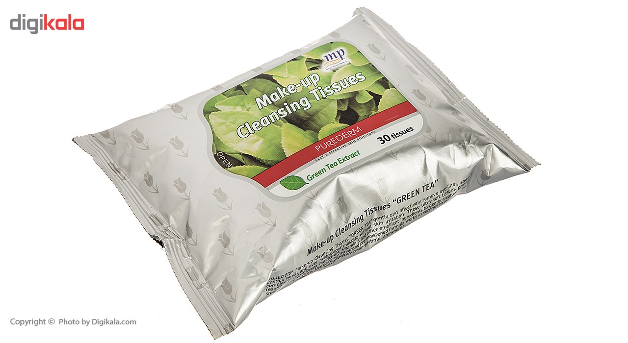 دستمال مرطوب پاک کننده آرایش پیوردرم مدل Green Tea Extract - بسته 30 عددی