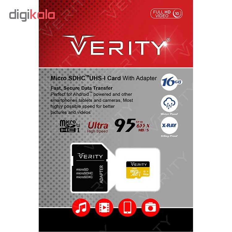 کارت حافظه microSDHC وریتی کلاس 10 استاندارد UHS-I U1 سرعت 95MBps ظرفیت 16 گیگابایت به همراه آداپتور SD