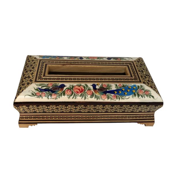 جعبه دستمال کاغذی خاتم کاری طرح گل و مرغ کد 3412 جعبه دستمال کاغذی خاتم کاری طرح گل و مرغ کد 3412