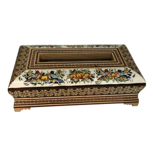 جعبه دستمال کاغذی خاتم کاری طرح گل و مرغ کد 127
