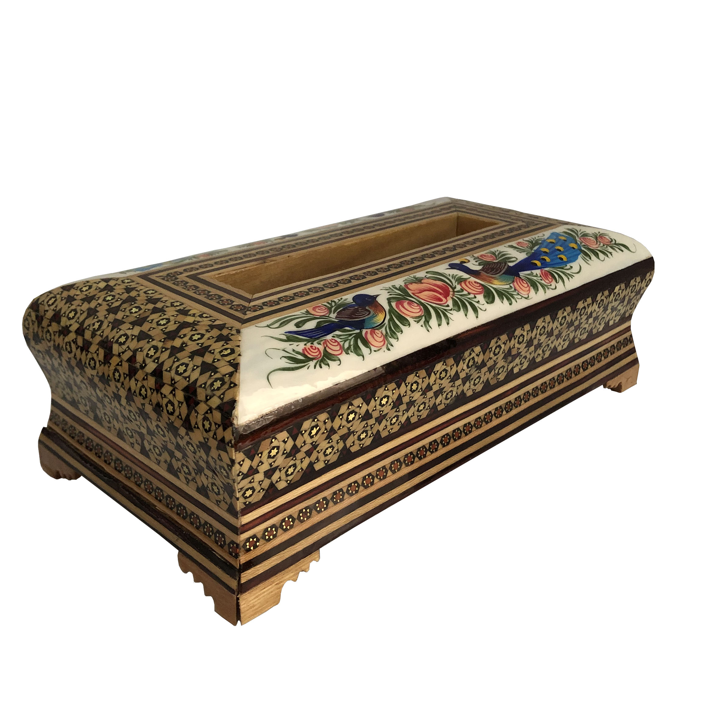 جعبه دستمال کاغذی خاتم کاری طرح گل و مرغ کد 127