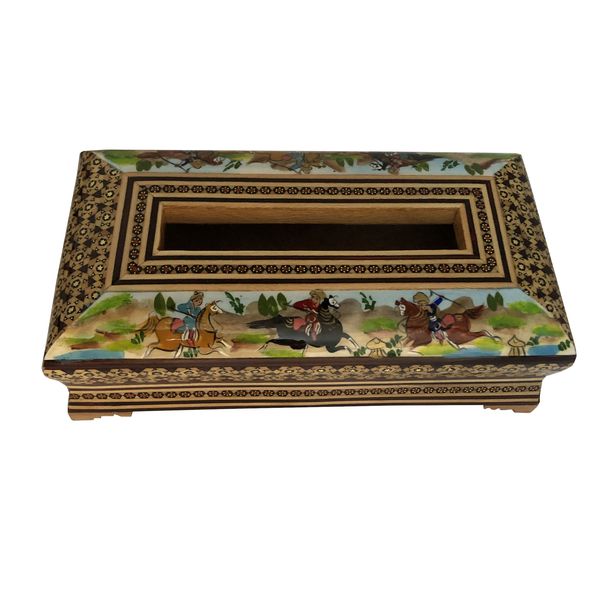 جعبه دستمال کاغذی خاتم کاری طرح شکار کد 097 جعبه دستمال کاغذی خاتم کاری طرح شکار کد 097