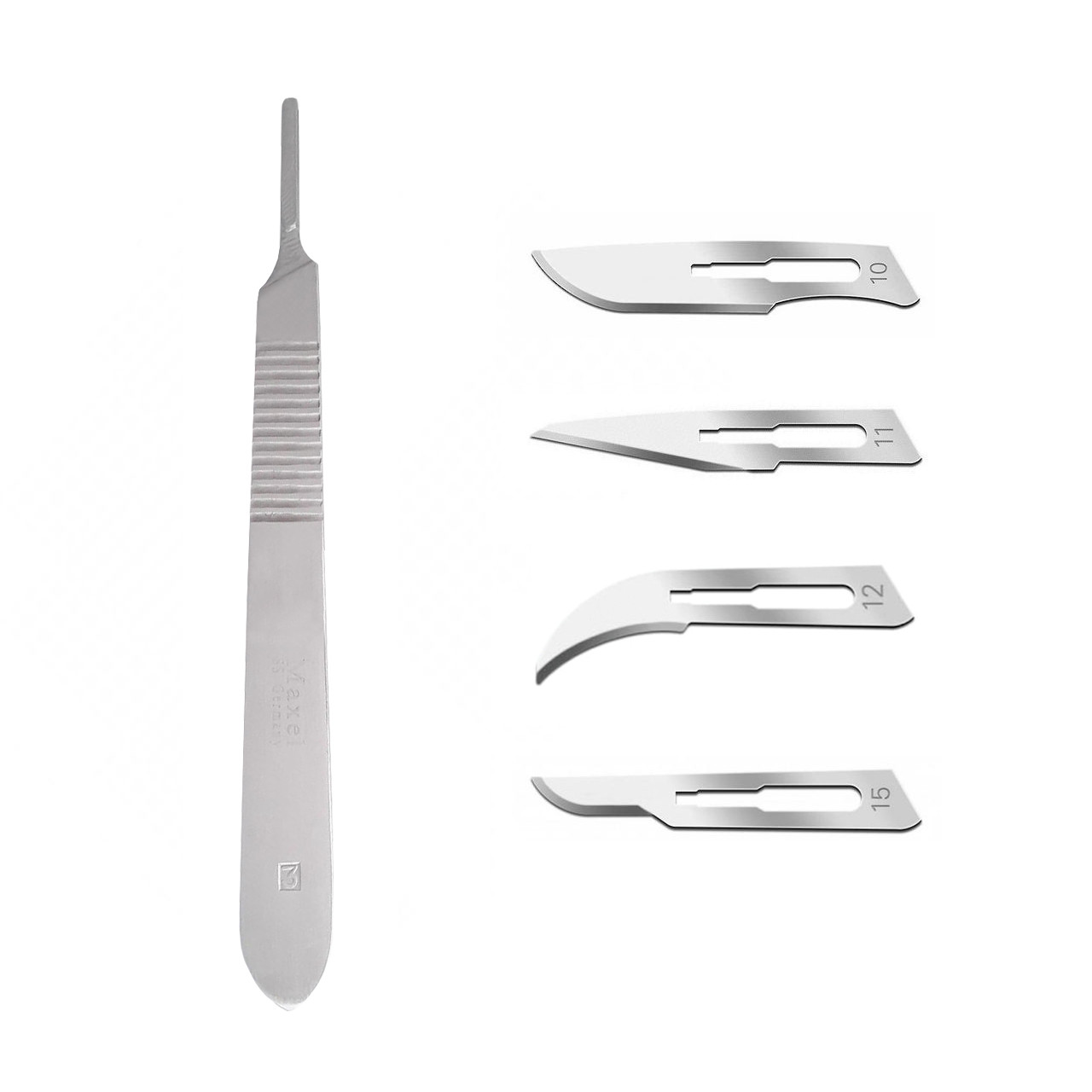 دسته تیغ جراحی مکسل مدل MJQX69 شماره 3 به همراه تیغ استریل اسپنگلر مدل SKJQ002369 مجموعه 4 عددی